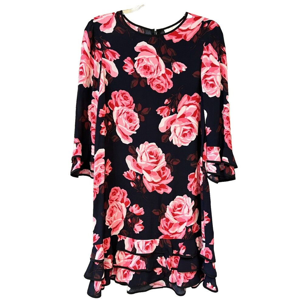 KATE SPADE Rambling Roses Black Pink Floral Print Rosa Ruffle Shift Dress Size S